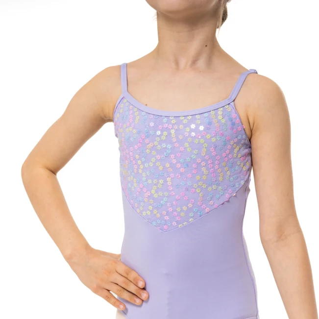 Capezio Lake leotard, kvietkovaný dievčenský dres na tenké ramienka Capezio Lake leotard, kvietkovaný dievčenský dres na tenké ramienka - Fialová - lavender