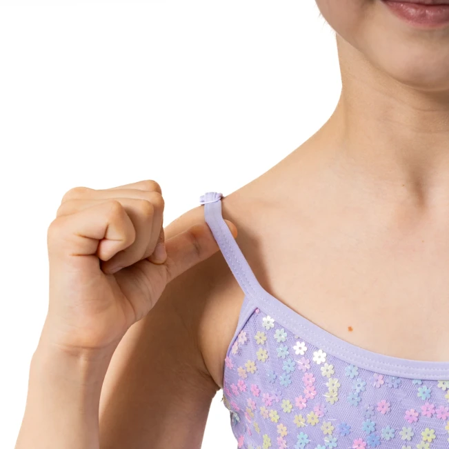Capezio Lake leotard, kvietkovaný dievčenský dres na tenké ramienka Capezio Lake leotard, kvietkovaný dievčenský dres na tenké ramienka - Fialová - lavender