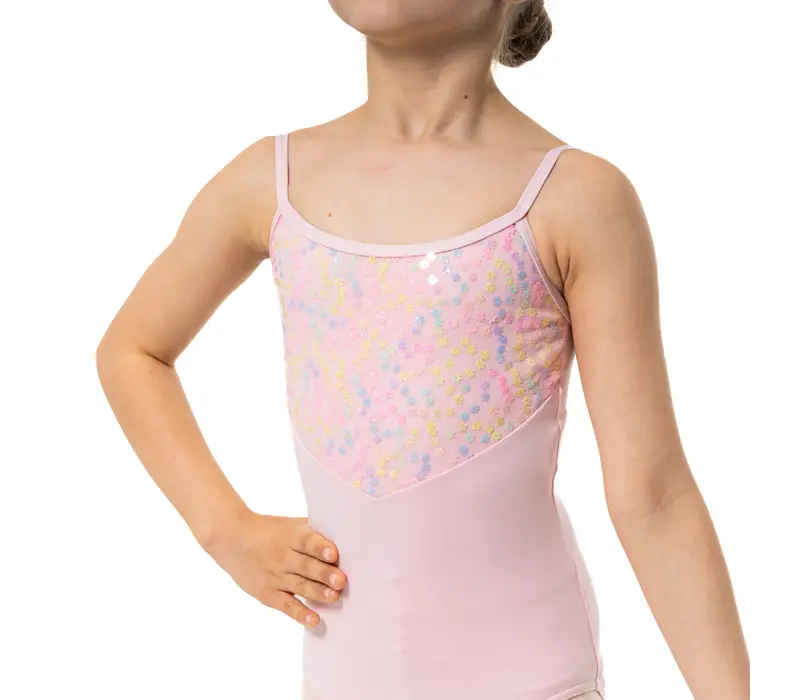 Capezio Lake leotard, kvietkovaný dievčenský dres na tenké ramienka  - Ružová Capezio