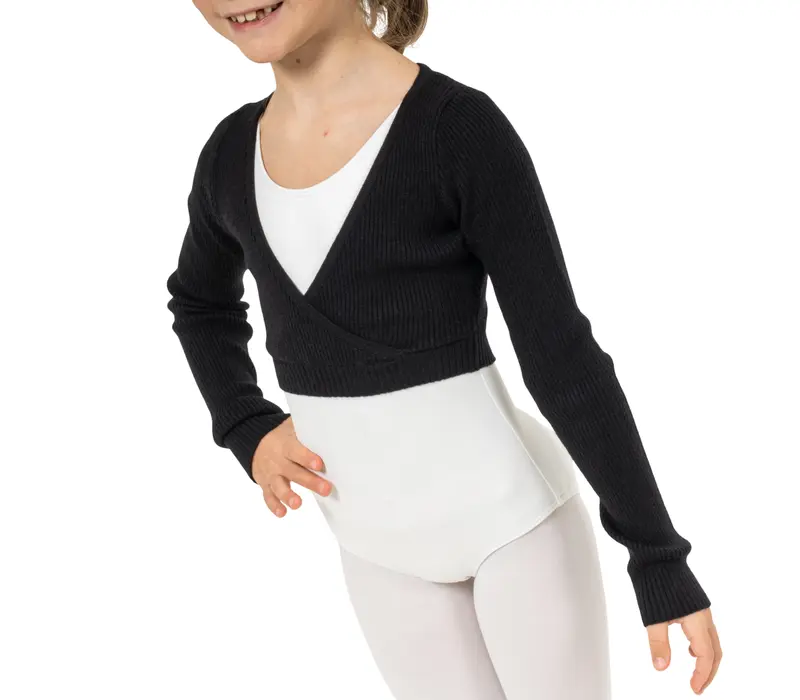 Bloch Fix Wrap Sweater, dievčenská baletný top na zahriatie - Čierna Bloch Fix Wrap Sweater, dievčenská baletný top na zahriatie - Čierna